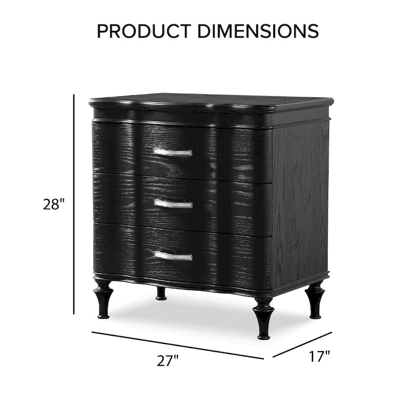 Glam Art Deco Solid Wood 3-Drawer Nightstand Crystal Handles Black Silver