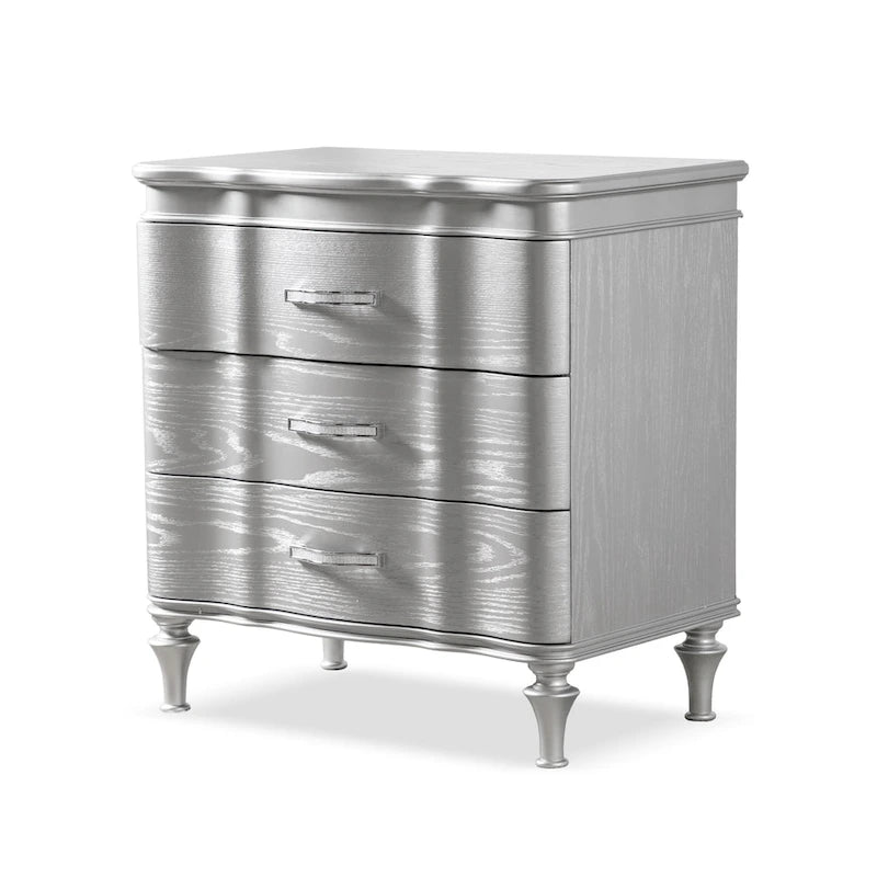 Glamouröser Nachttisch im Art-déco-Stil aus Massivholz mit 3 Schubladen und Kristallgriffen, Schwarz und Silber