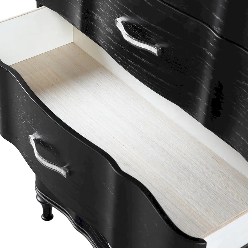 Glamouröser Nachttisch im Art-déco-Stil aus Massivholz mit 3 Schubladen und Kristallgriffen, Schwarz und Silber