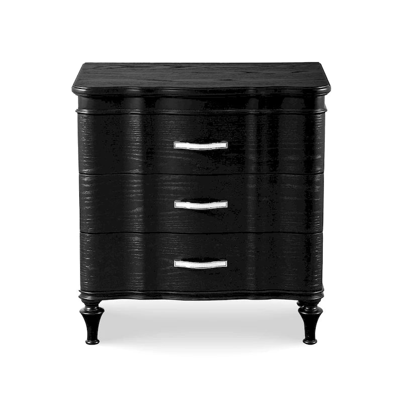 Glamouröser Nachttisch im Art-déco-Stil aus Massivholz mit 3 Schubladen und Kristallgriffen, Schwarz und Silber