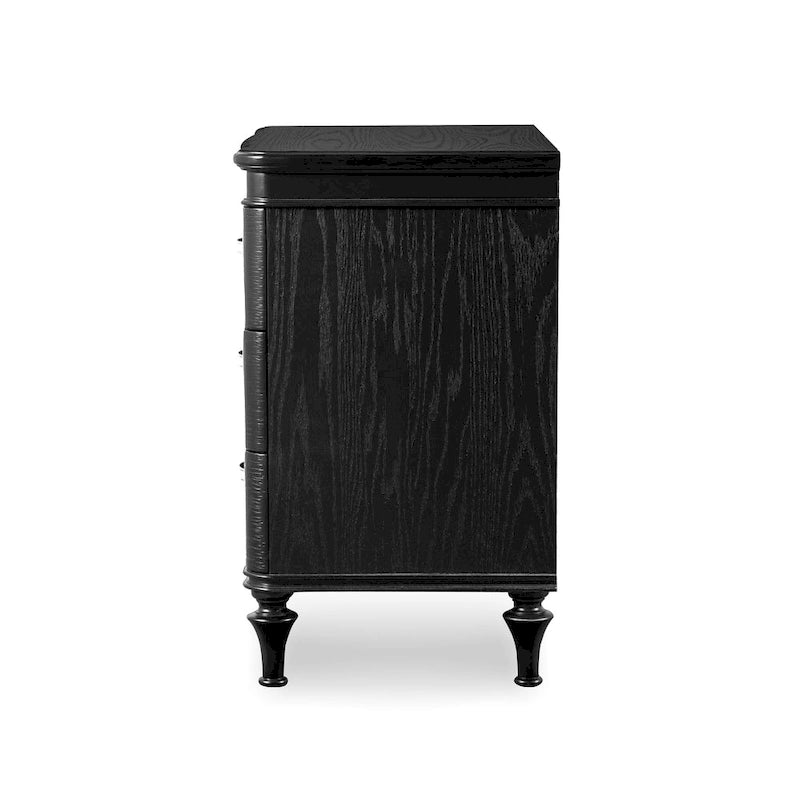 Glamouröser Nachttisch im Art-déco-Stil aus Massivholz mit 3 Schubladen und Kristallgriffen, Schwarz und Silber